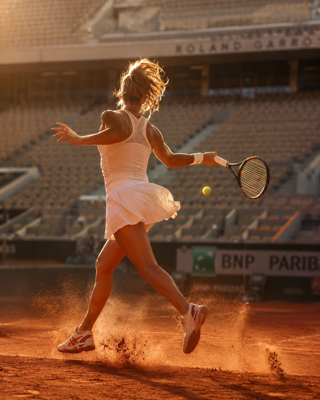 A tennis player mid-swing on the red clay of Roland Garros, lit by warm, low sunlight